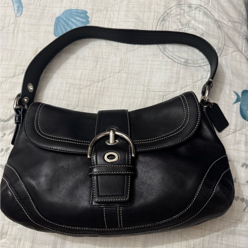 Coach Black Leather Shoulder Bag with Silver Buckle
